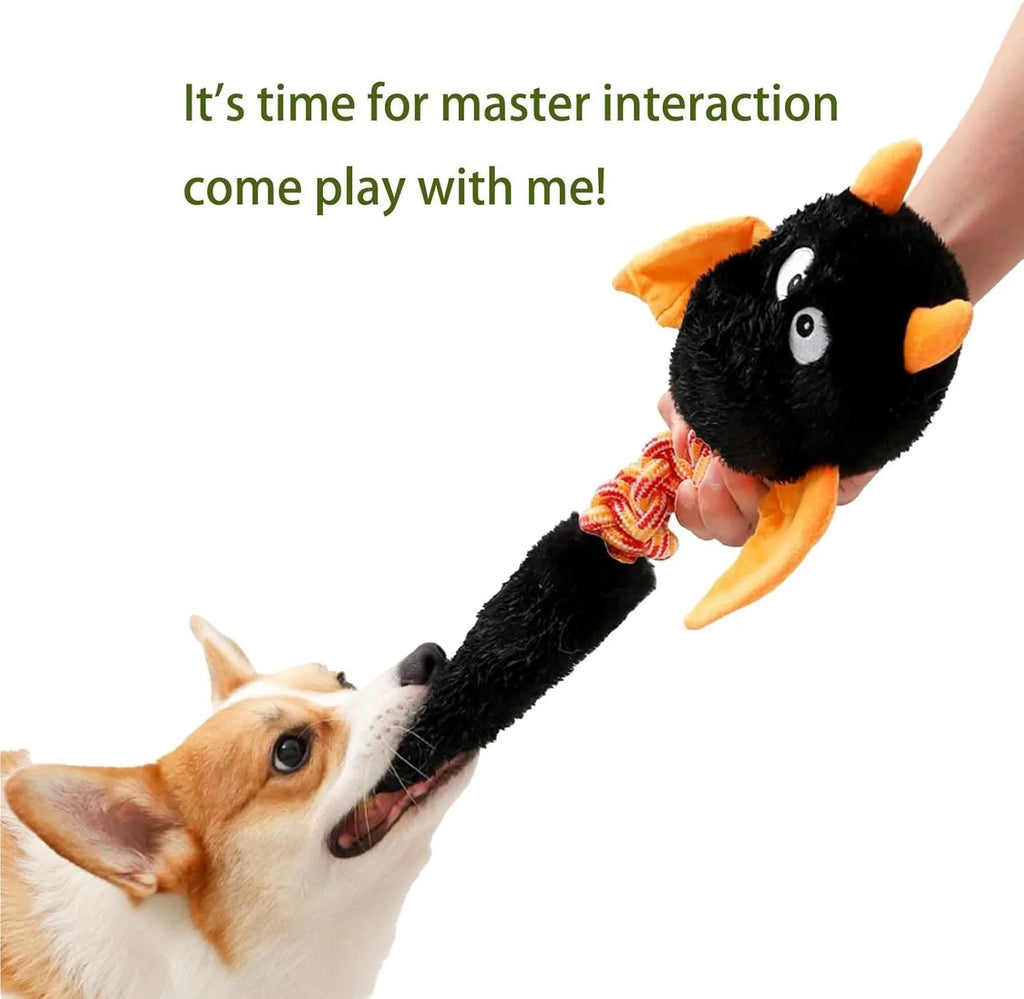 Soft rabbit fleece plush dog toy with a rope knot, shown in black, green, or red.