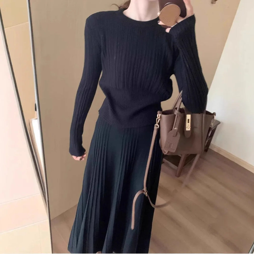 Dark grey ethnic style knitted dress suit with 3D pattern, matching sweater and skirt, collage stitching detail