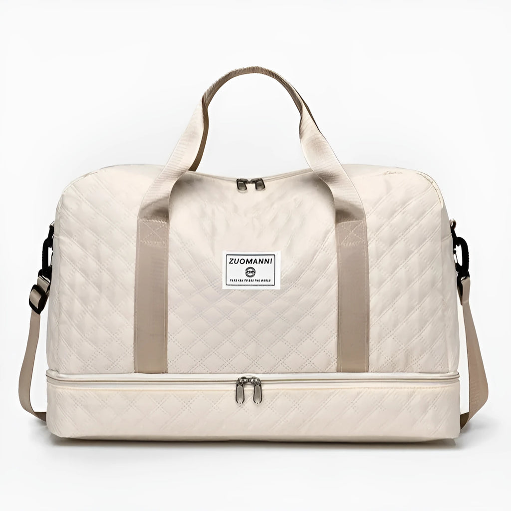 Large Oxford cloth travel bag in a solid colour showing its spacious design and street style details.