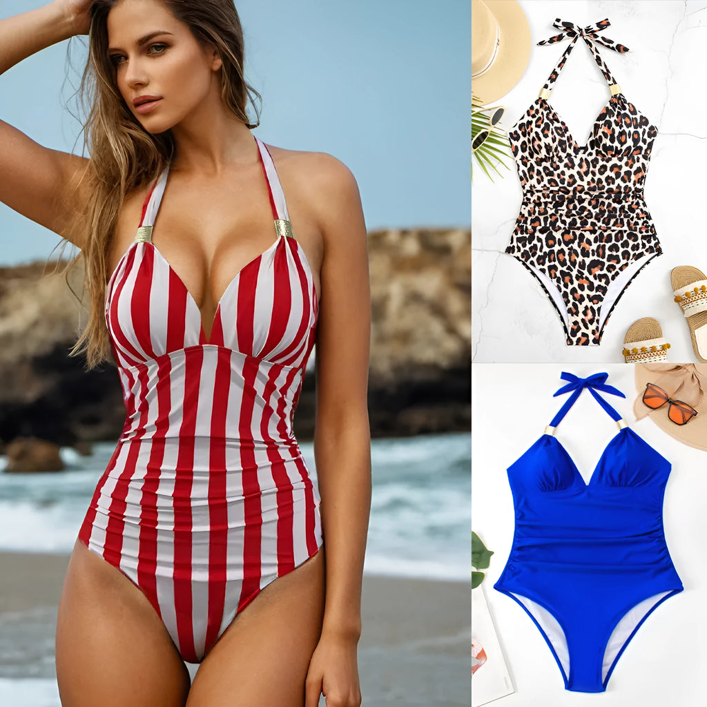 Women's one-piece swimsuit in quick-dry polyester spandex fabric shown in multiple colour options.