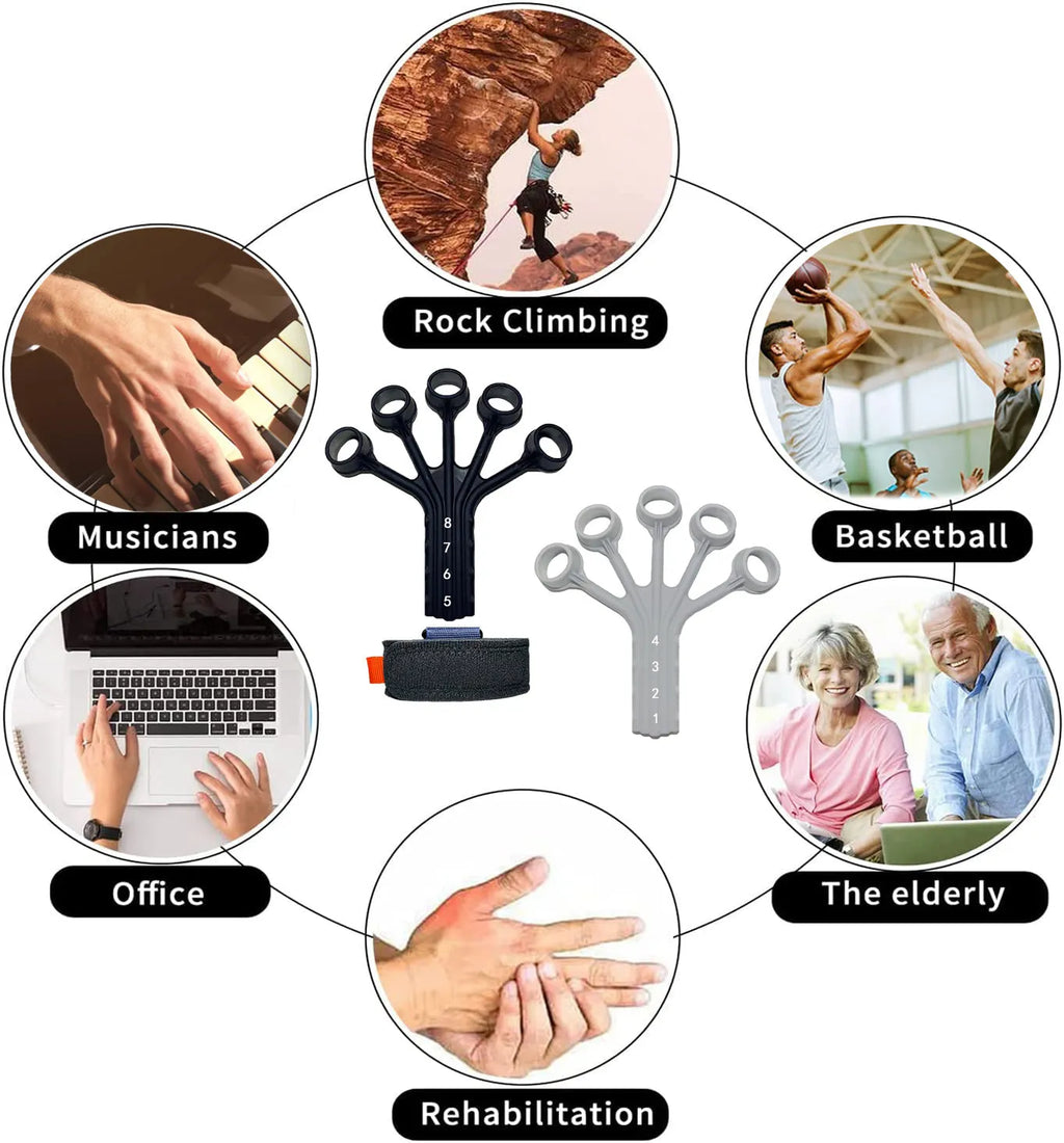 Black and grey silicone finger trainer tension rope with adjustable belt for rehabilitation.