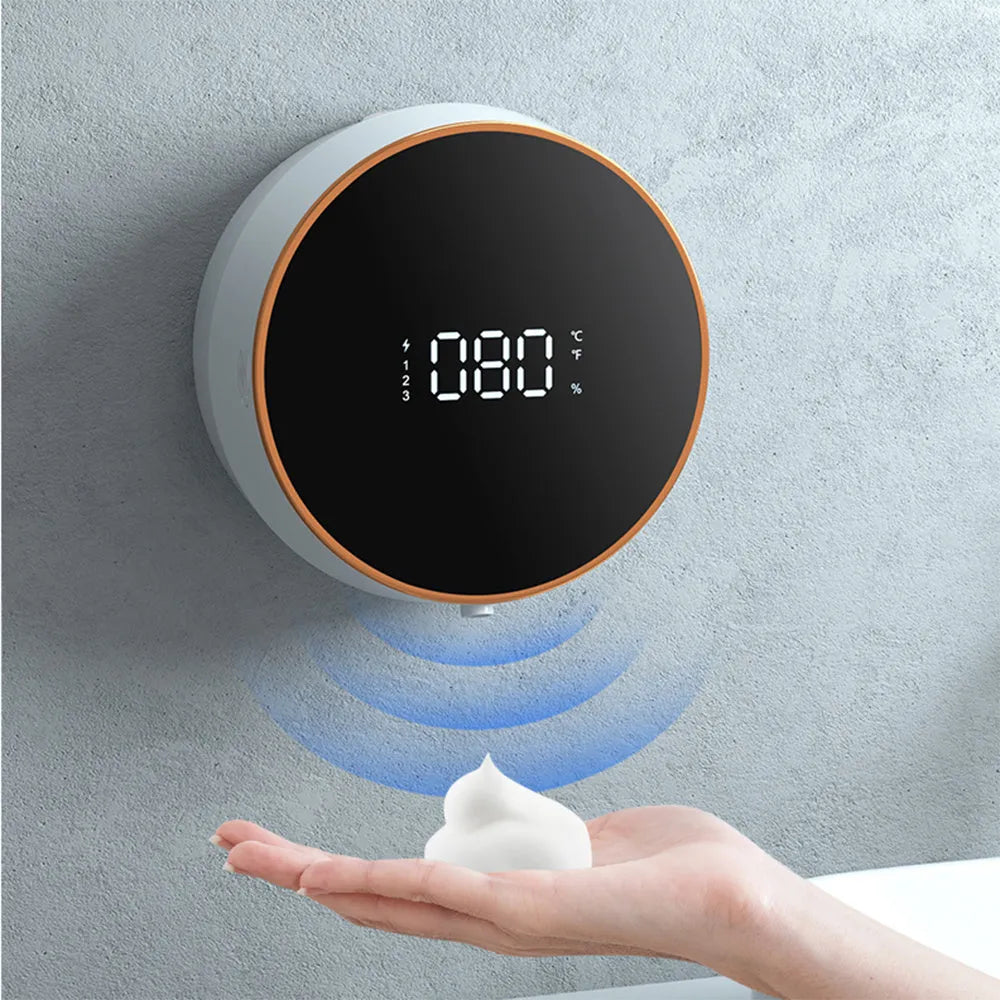 Black automatic wall-mounted foam soap dispenser with USB charging port.