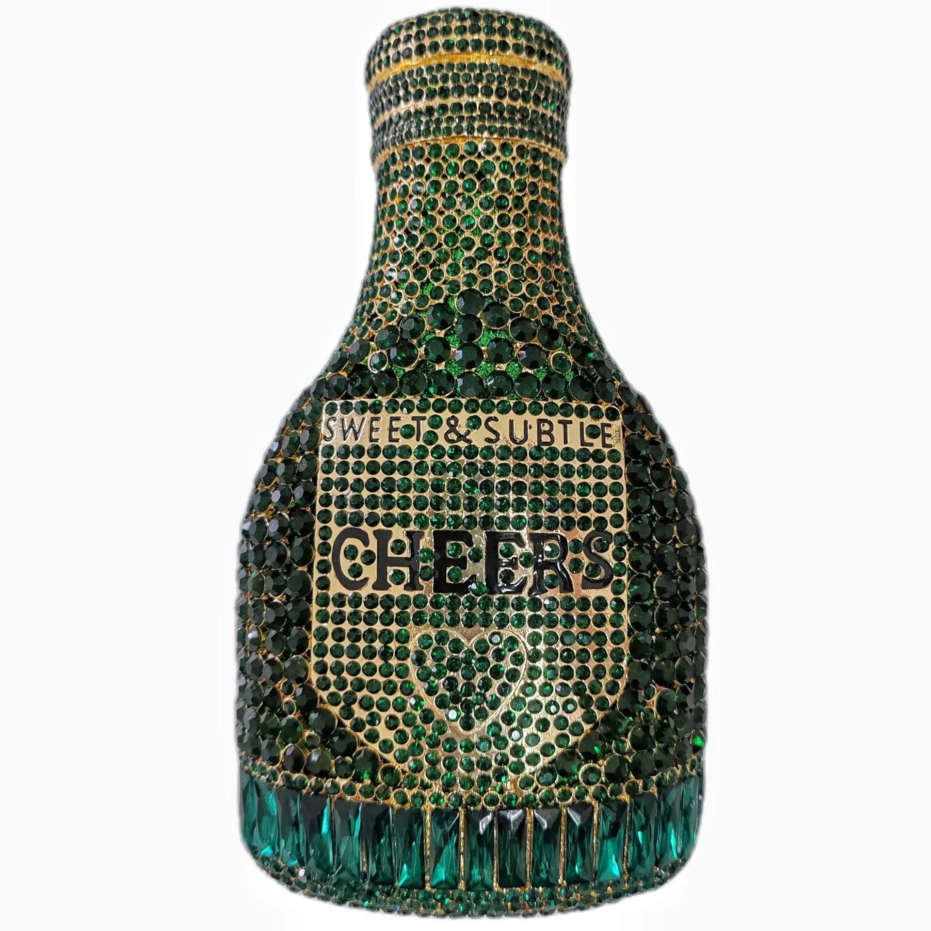 Gold rhinestone evening clutch bag shaped like a champagne bottle with a hard frame.