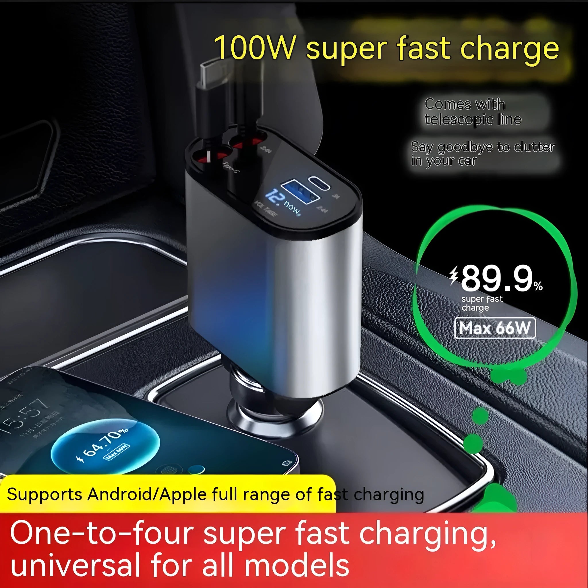 Retractable car cigarette lighter charger with multiple USB ports for charging devices