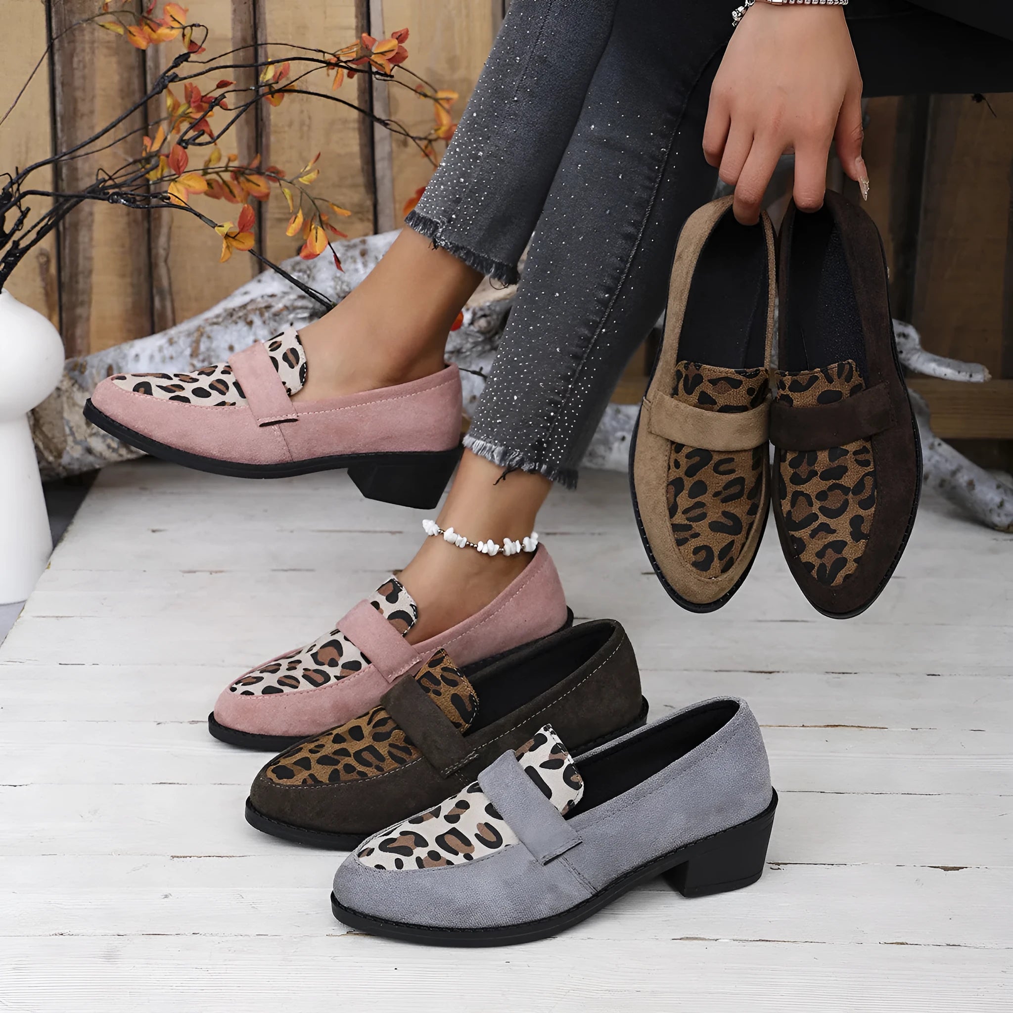 Women's leopard print suede slip-on shoes with pointed toe and chunky mid heel