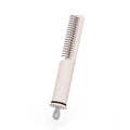 Stainless steel pet detangling comb with rake teeth on a pink handle for removing knots from dog hair.