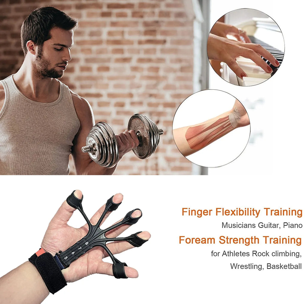 Black and grey silicone finger trainer tension rope with adjustable belt for rehabilitation.