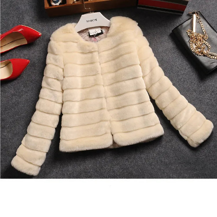 Women's short sleeve faux fur top in beige colour, street fashion style.