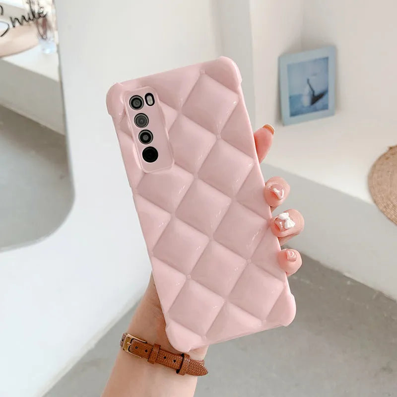 Huawei silicone phone case with diamond cell pattern in black, green, pink, or white colours