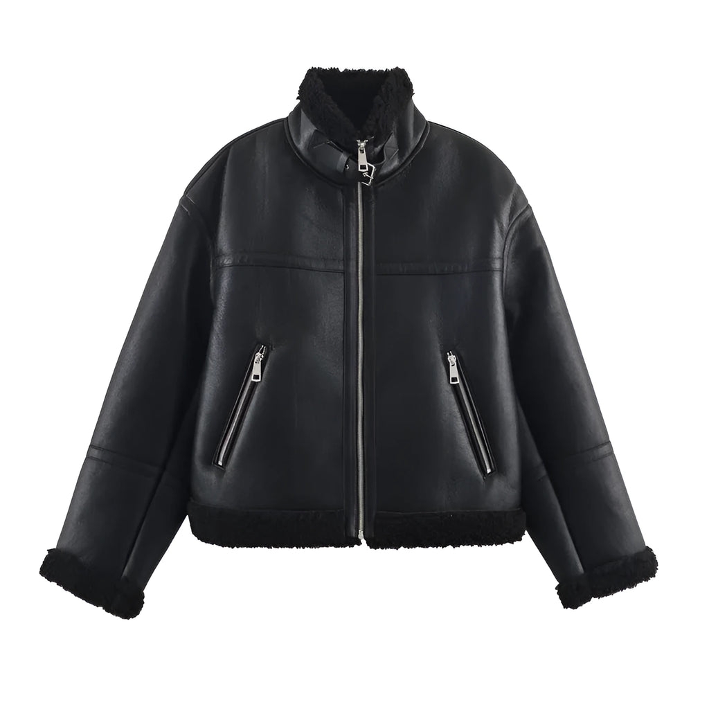Women's double-sided fleece jacket in black with PU fabric, medium thickness, casual style, size S