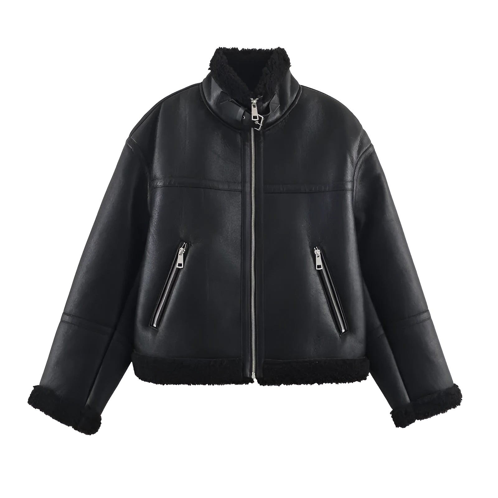 Women's double-sided fleece jacket in black with PU fabric, medium thickness, casual style, size S