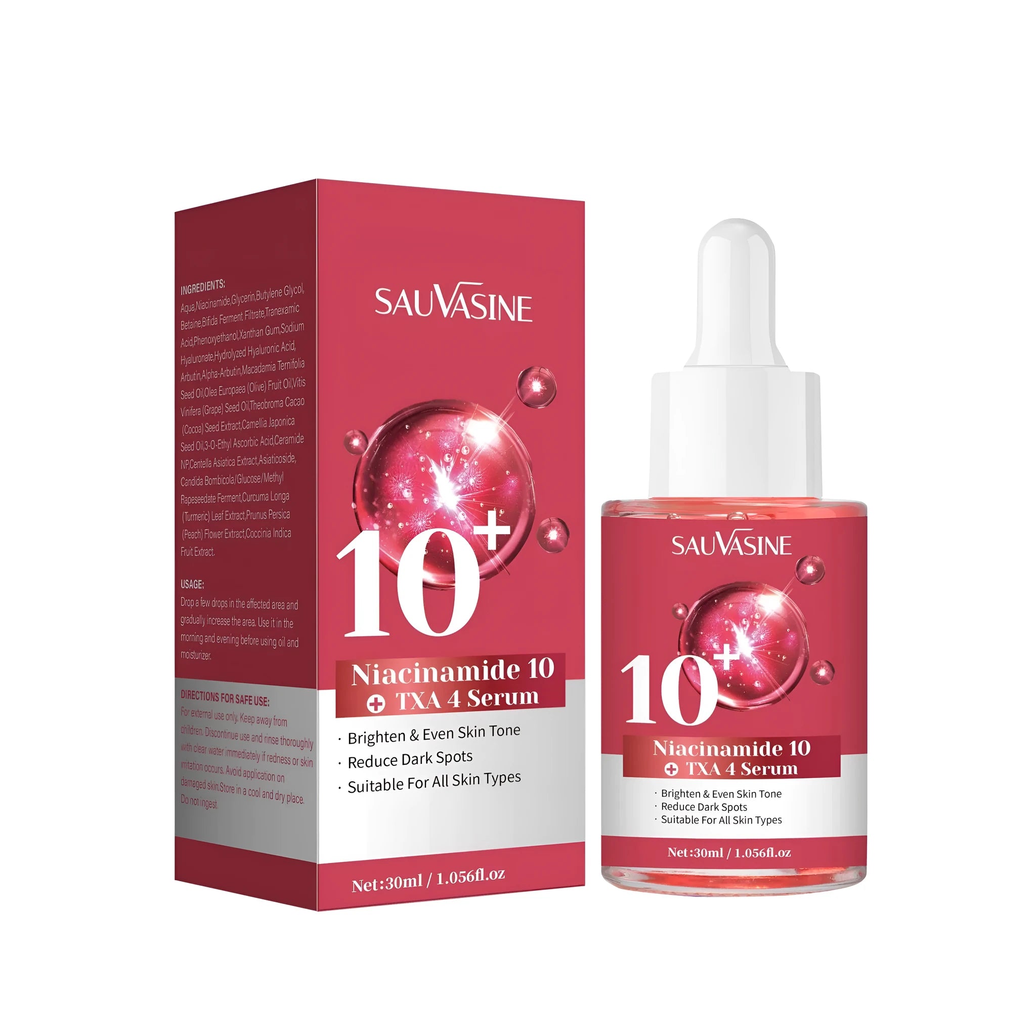 30ml bottle of Niacinamide 10 TXA 4 serum with dropper applicator.