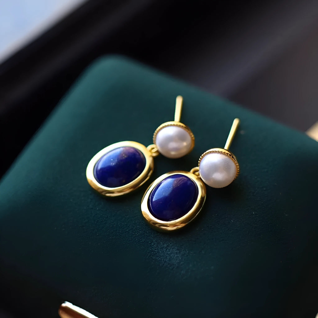 Lapis lazuli pearl drop earrings in 925 silver with auspicious patterns