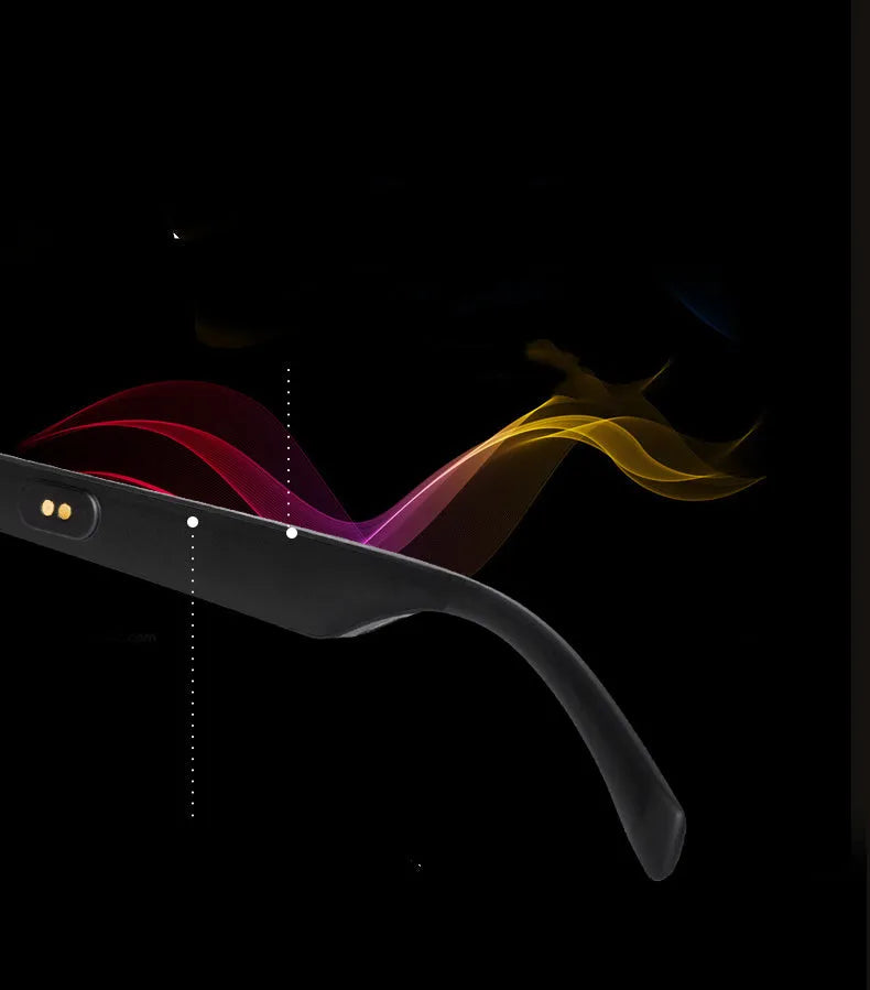 Smart glasses with Bluetooth open-ear audio and touch transparent anti-blue light PC polarised lenses.
