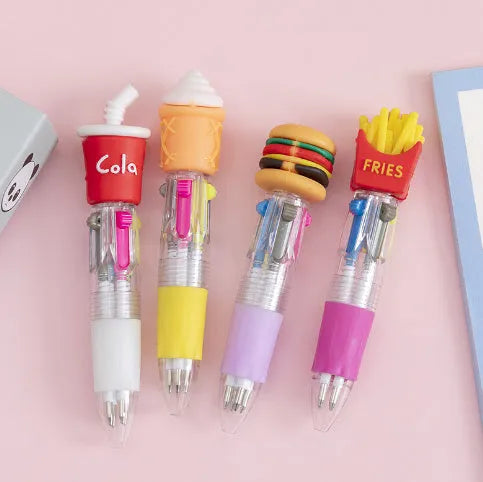 Four-colour press-action ballpoint pen with cartoon-themed refills and 0.7mm bullet tip