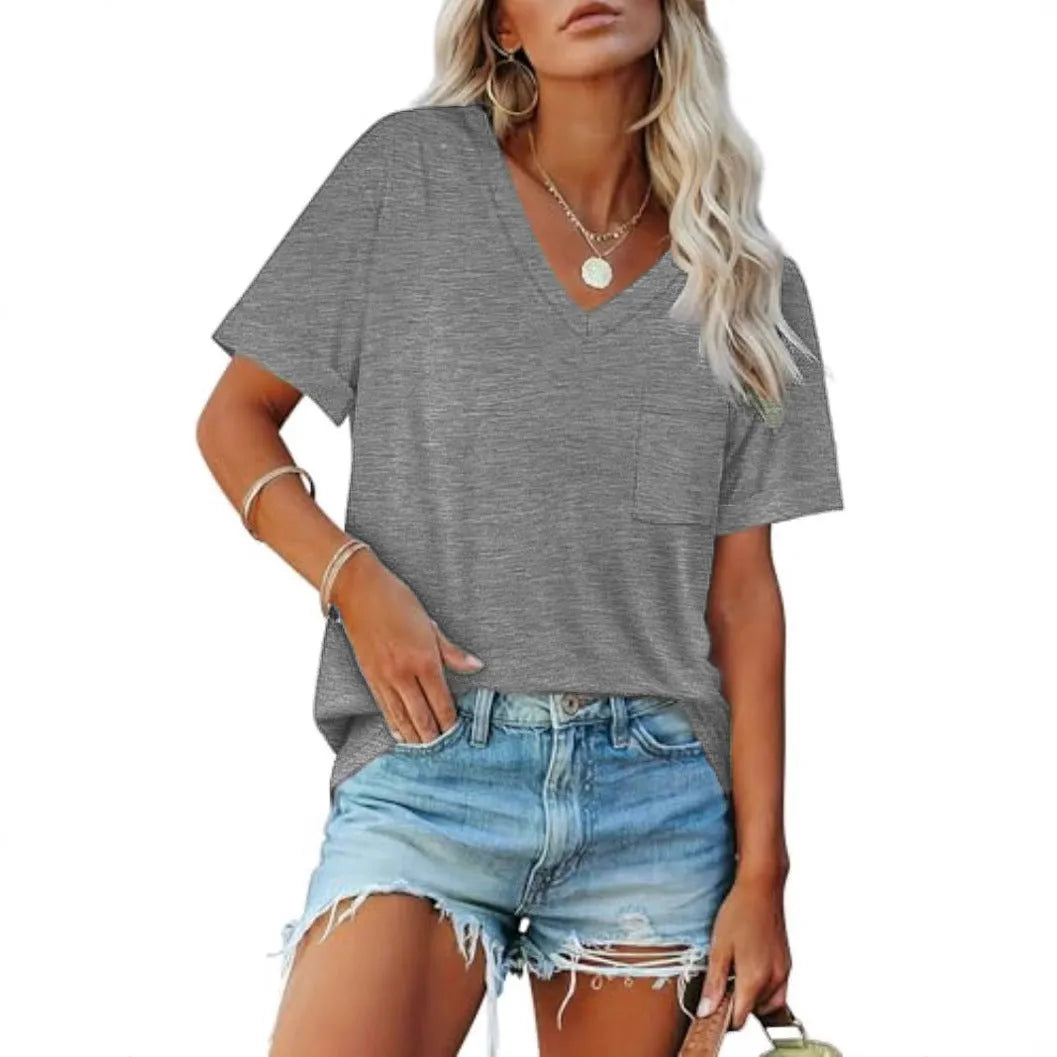 Grey loose V-neck t-shirt with chest pocket on mannequin showing Asian sizing label