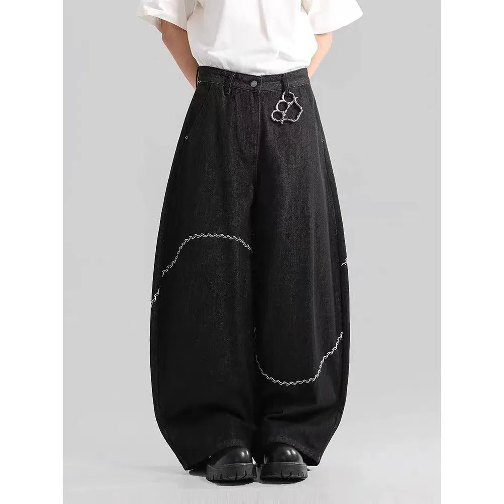Black straight-leg denim trousers with mid-waist design and micro-elastic fabric