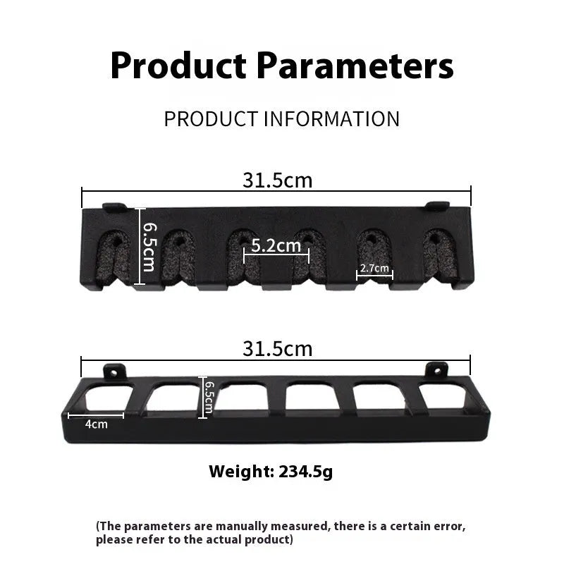 Black ABS plastic wall-mounted fishing rod storage rack shown in vertical and horizontal styles