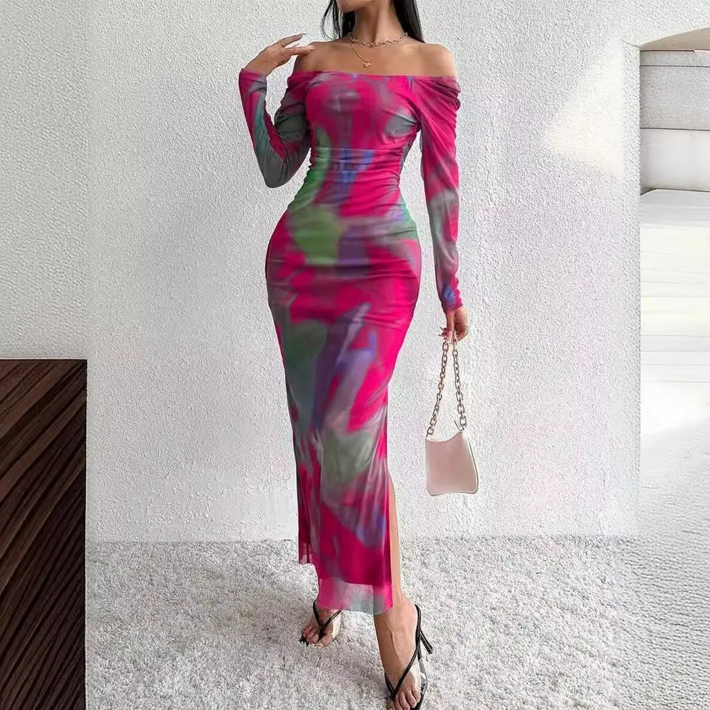 Long gradient print fishtail dress with square collar, shown in one of eight colour options.