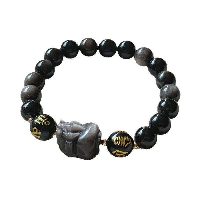 Men's natural silver stone bracelet with Chinese style design and zodiac anniversary beads