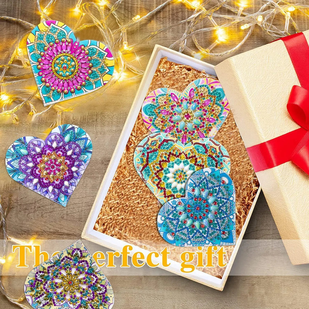 Set of six purple PU leather handmade bookmarks with flower shapes and clear stick-on crystals.