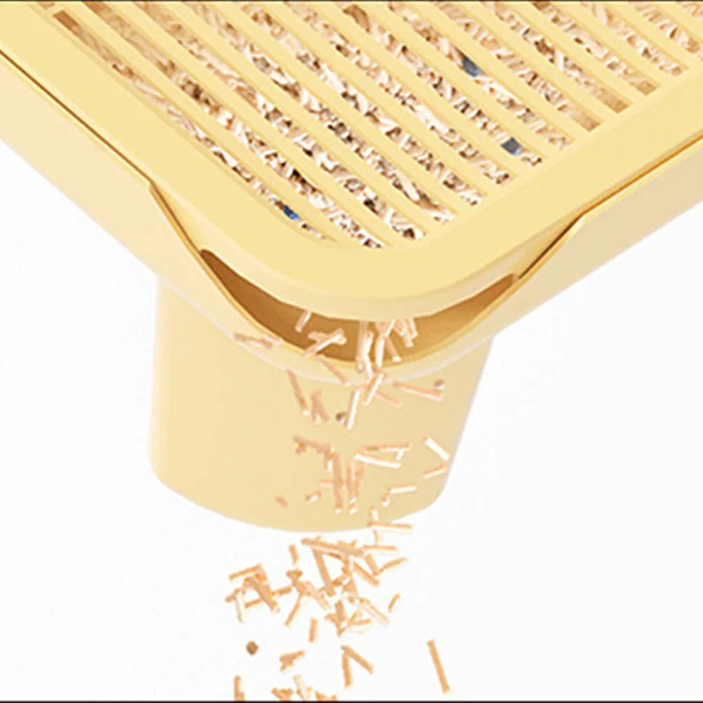Oversized milk yellow plastic cat litter mat with anti-slip silicone feet on a hardwood floor
