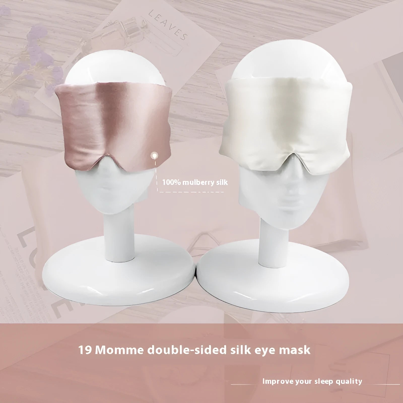 Mulberry silk sleep mask shown in one of seven colours: black, champagne gold, navy blue, silver grey, white, pink, or green.