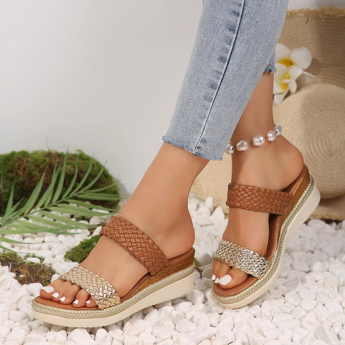Gold and silver plus size wedge sandals for women on a white background.