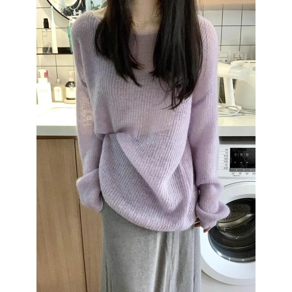 Purple ice silk women's blouse with hollow out detail and shoulder straps.