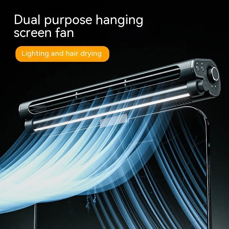 Black USB bladeless fan with clip mounting and integrated lighting lamp for laptop screens