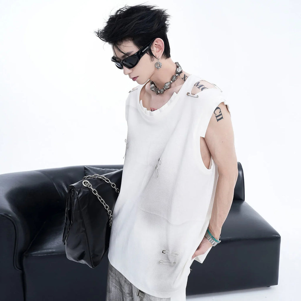 Men's black sleeveless waistcoat vest with irregular cut and ripped design detail on a hanger.
