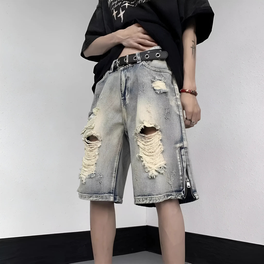 Blue retro tattered denim shorts with wide leg loose fit for women