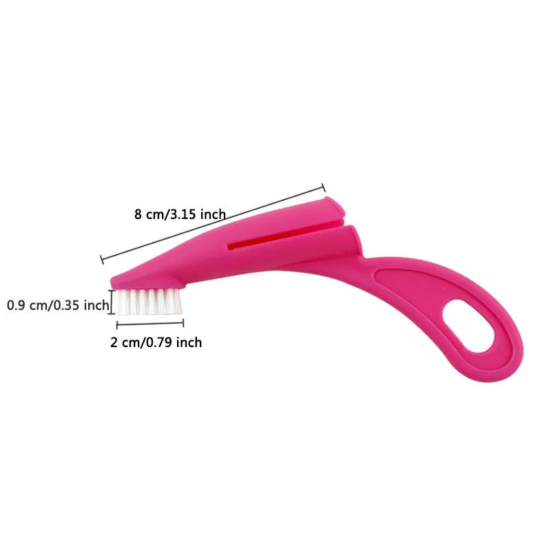 Red and white finger sleeve toothbrush for cleaning dog and cat teeth with soft silicone bristles.