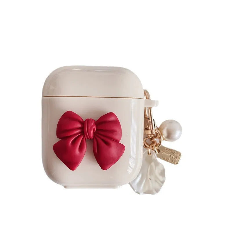 Beige red bow shell TPU protective case for AirPods Pro wireless earphones with clamshell opening
