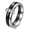 Women's glossy ceramic ring with geometric zirconium inlay in golden white or steel black colour