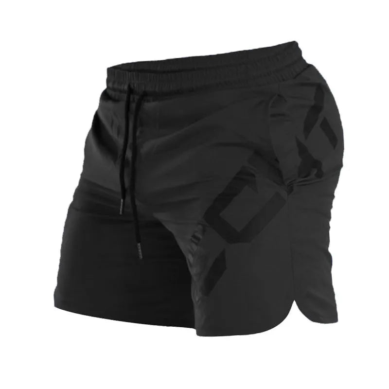 Men's elastic knee-length training shorts in quick-drying chemical blend fabric shown in black colour