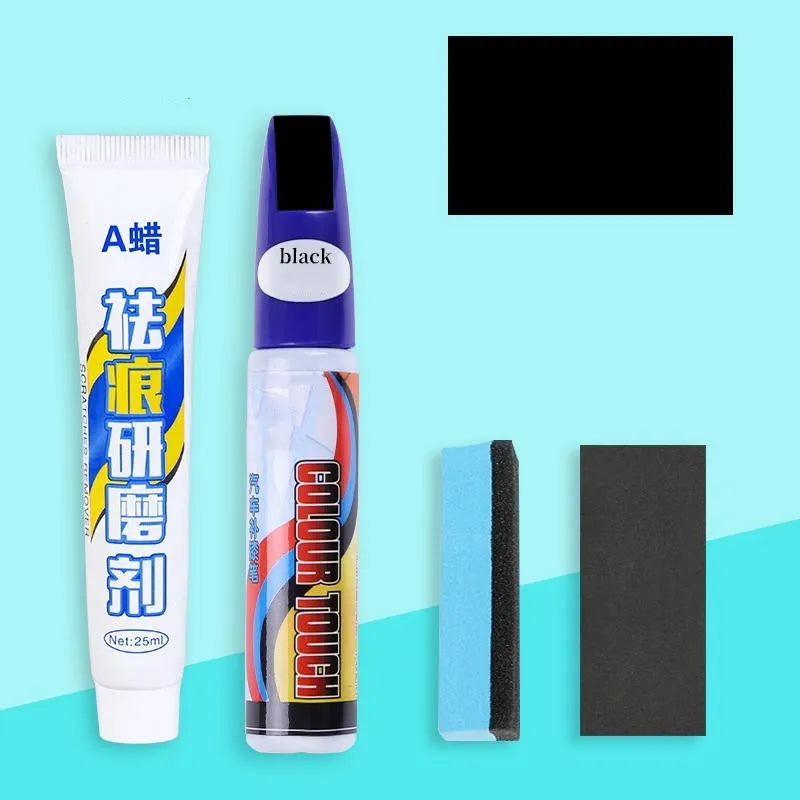 Car touch up paint pen and scratch repair kit four piece set with wax.