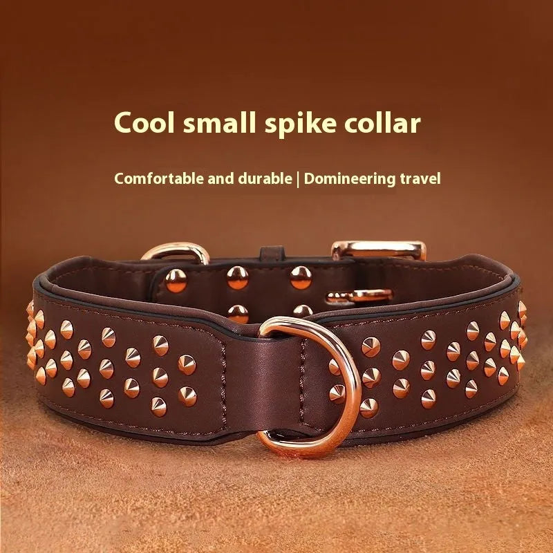Leather dog collar in chocolate colour with metal rivets and adjustable fastener.