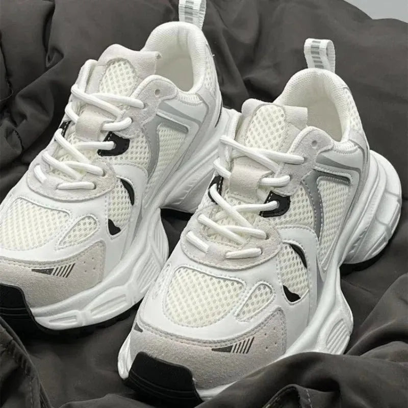 Beige platform mesh shoes with wedge heel and front lace-up design