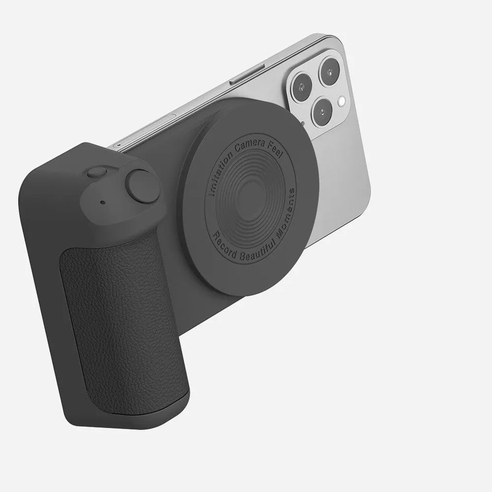 Black magnetic camera handle bracket for smartphone photography with rotatable design and ergonomic grip