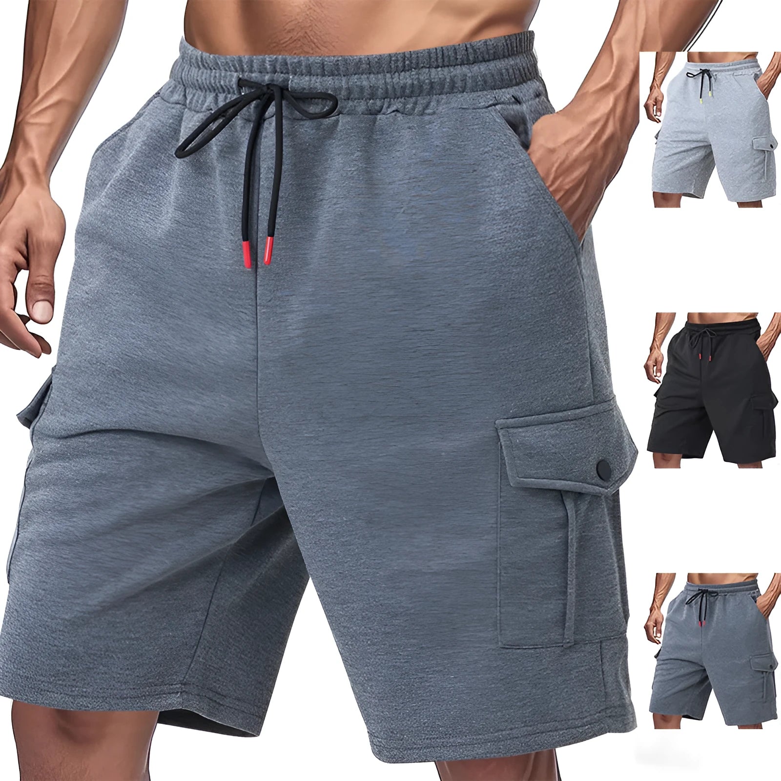Men's loose grey terry fabric cargo shorts with multiple pockets on a hanger.