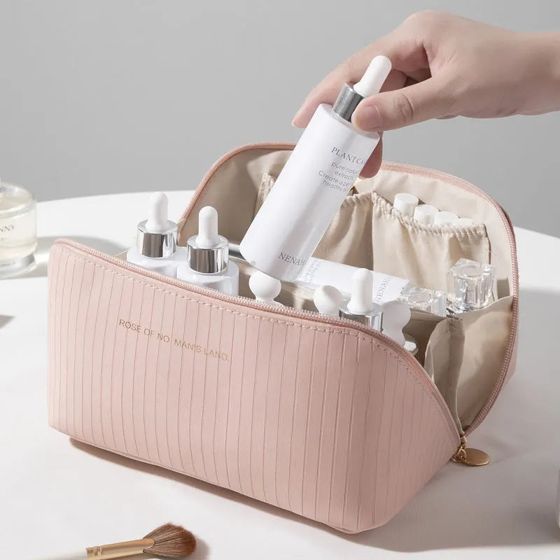 Vertical pattern PU makeup bag showing cubic 22.5cm shape in available colour options
