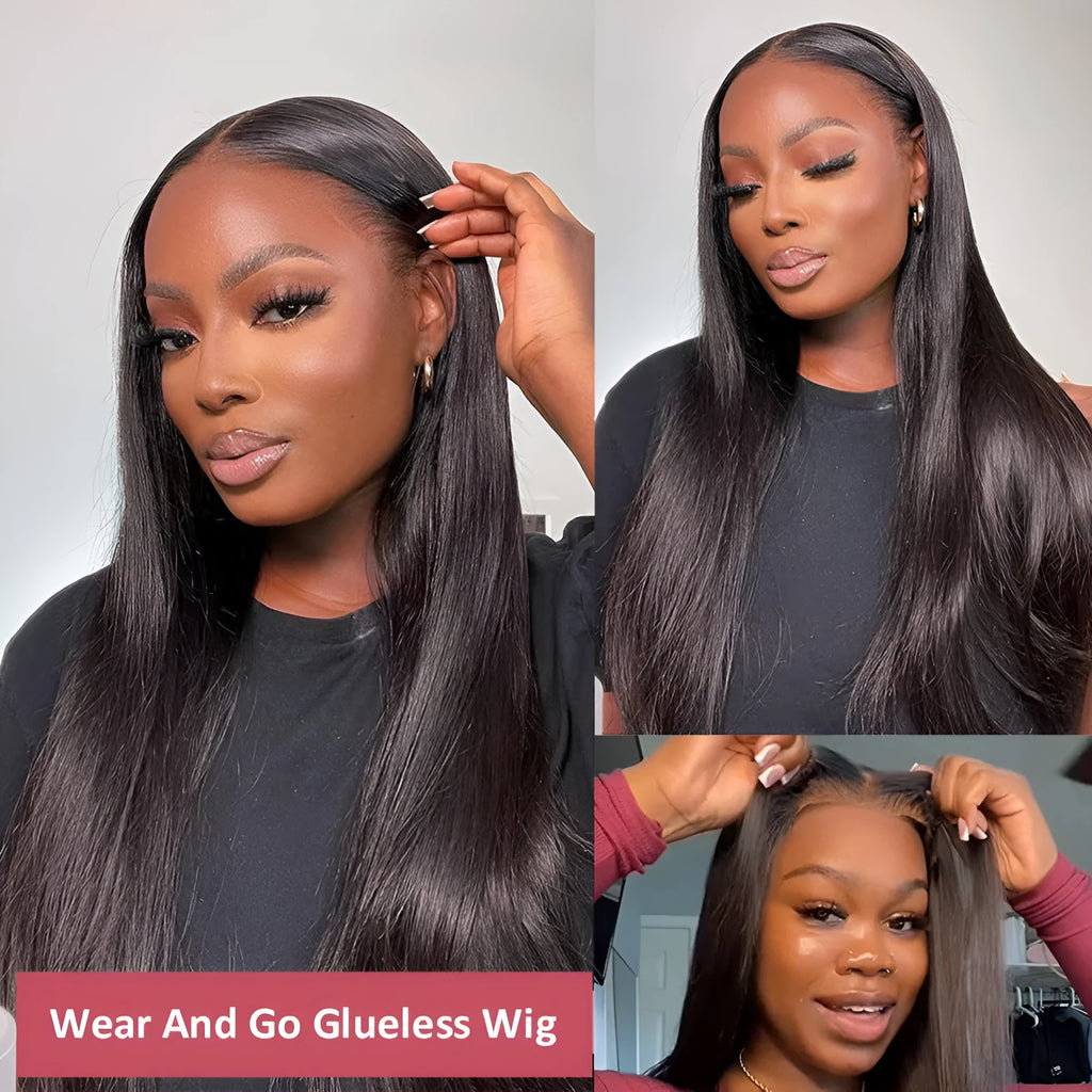 Glueless straight human hair wig with side bangs shown in natural black colour.