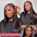 Glueless straight human hair wig with side bangs shown in natural black colour.