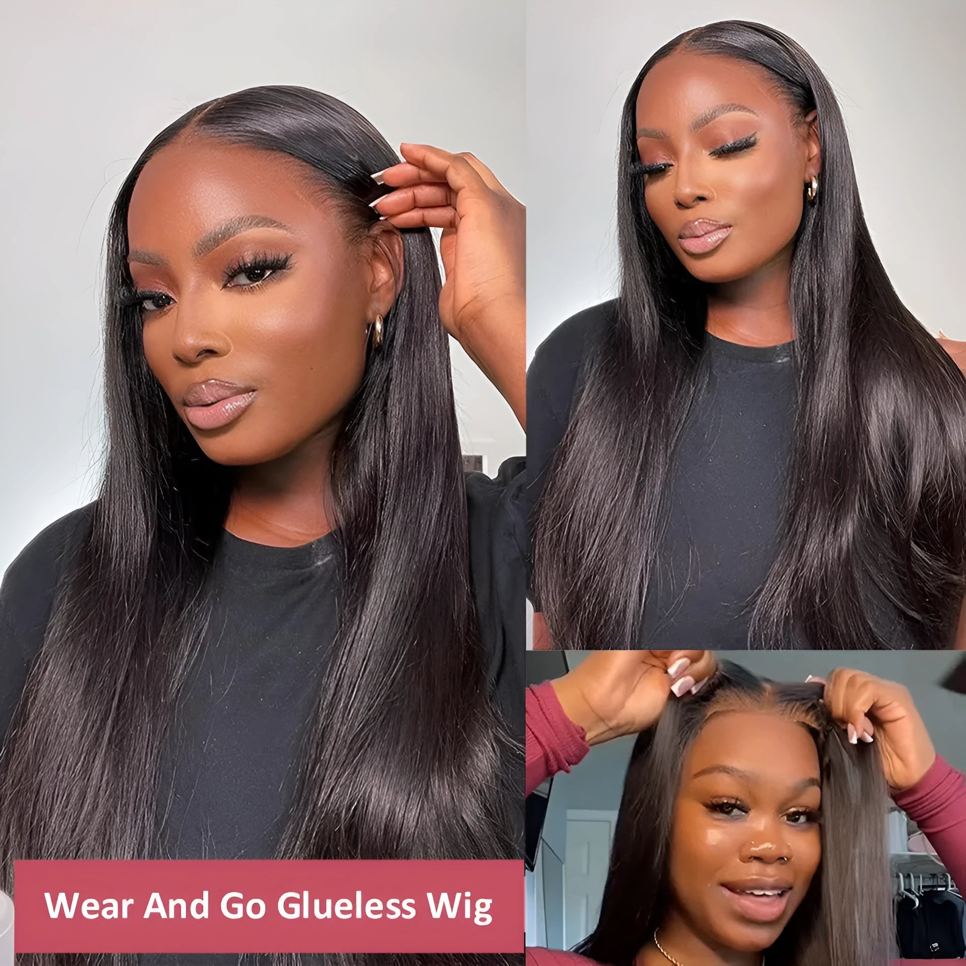 Glueless straight human hair wig with side bangs shown in natural black colour.