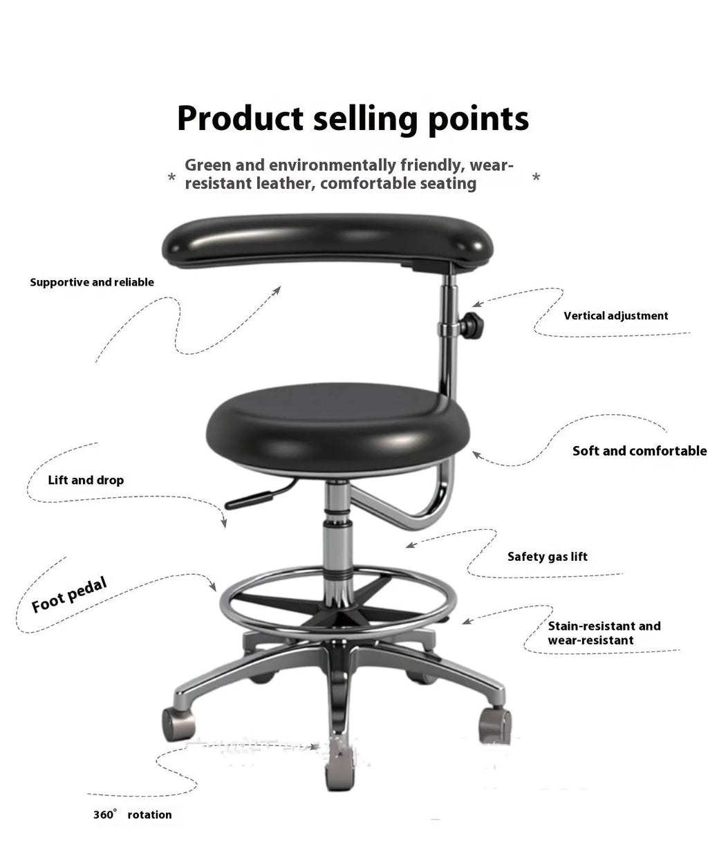 Black leather dental patient chair with adjustable height and base wheels