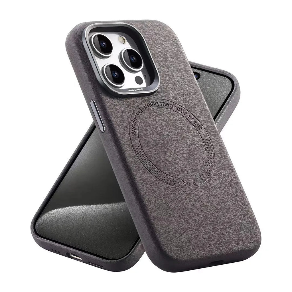 Black leather magnetic phone case for iPhone with fall protection and all-inclusive design
