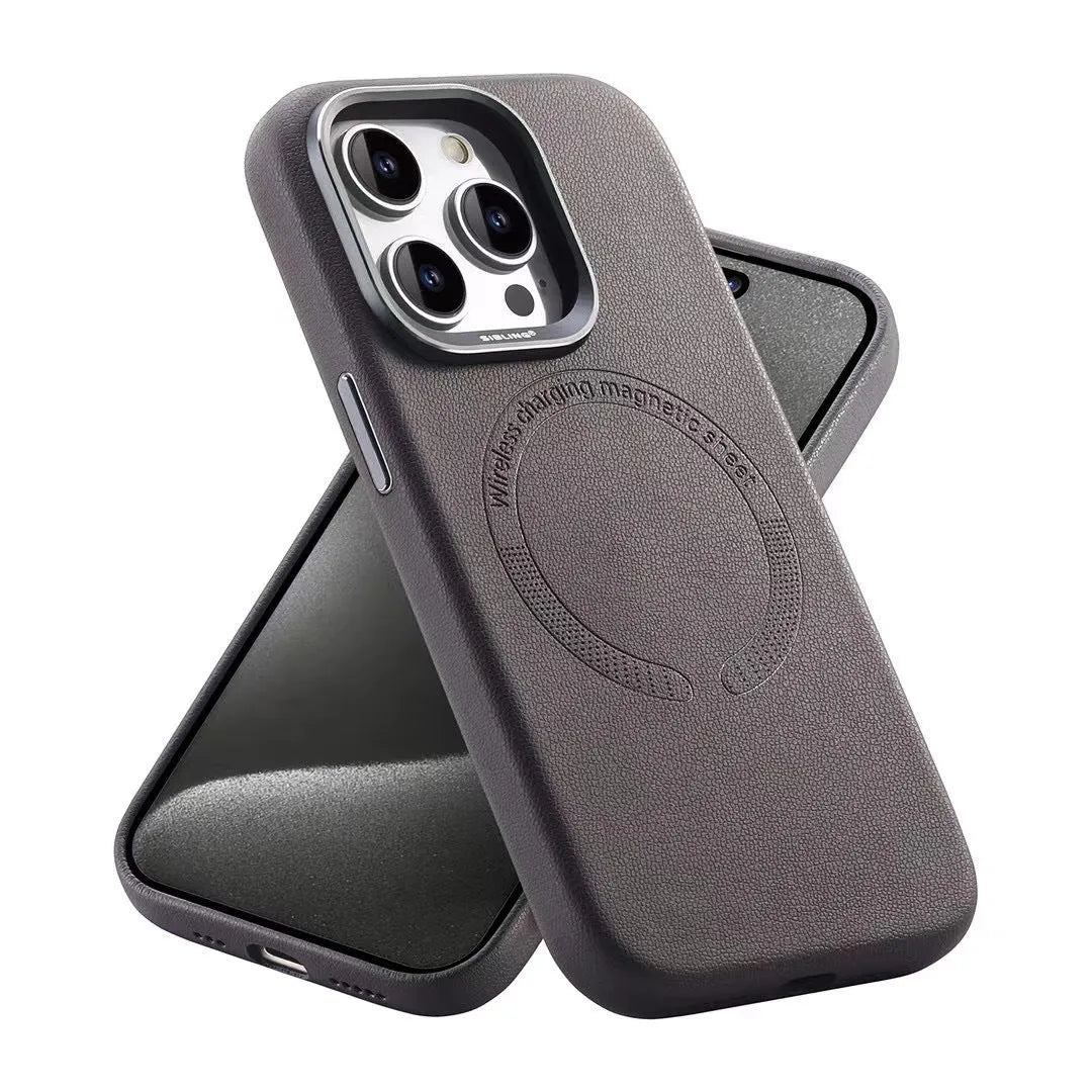 Black leather magnetic phone case for iPhone with fall protection and all-inclusive design