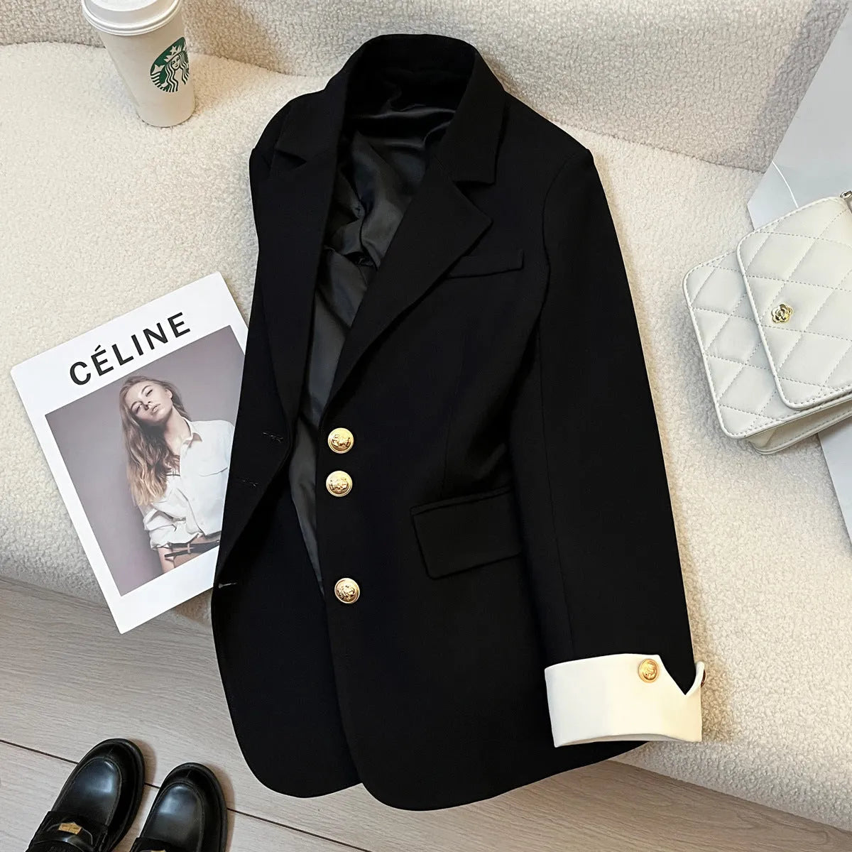 Women's milky white loose fit Korean style polyester coat with pockets