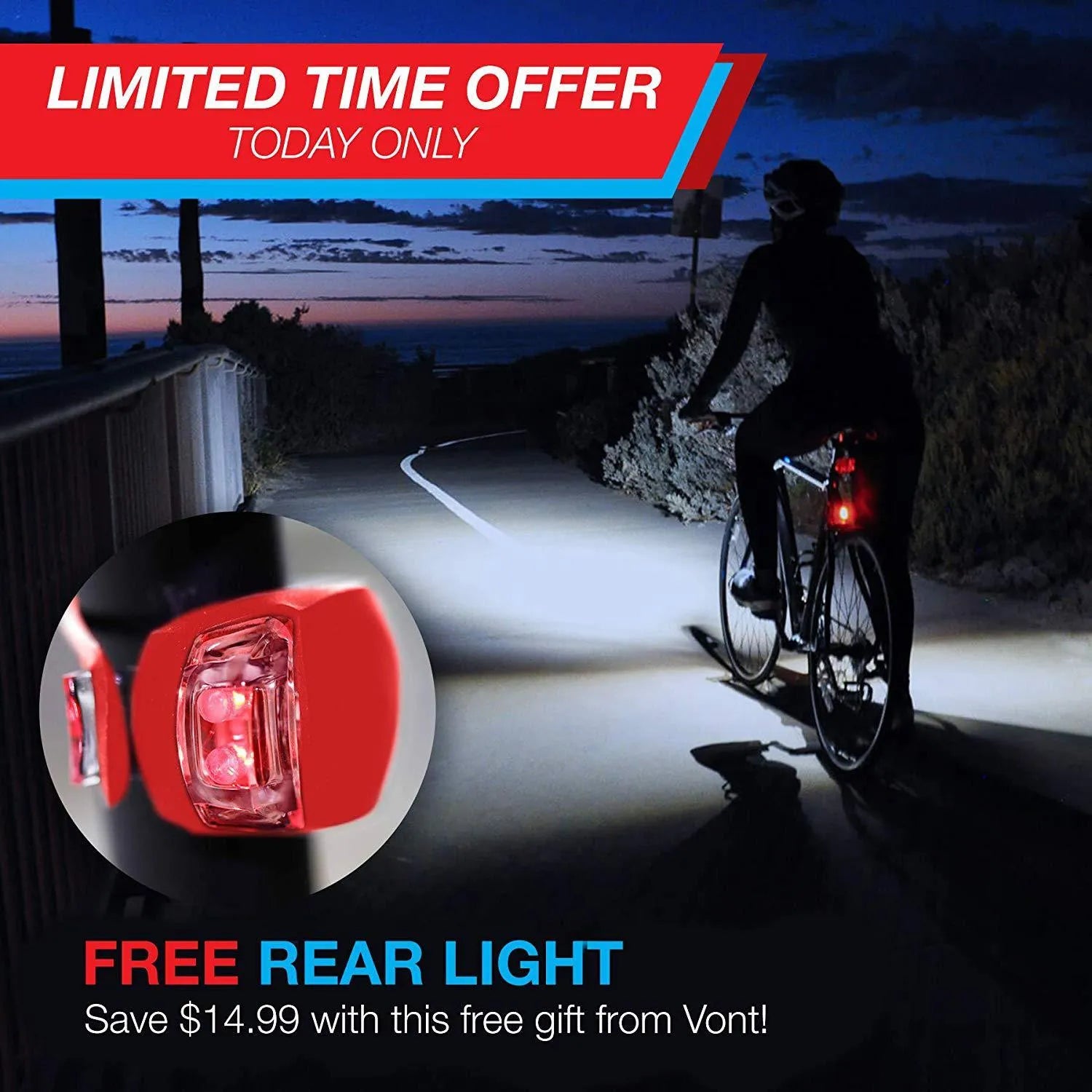 Bicycle headlight and taillight set with universal mounting bracket on handlebars.